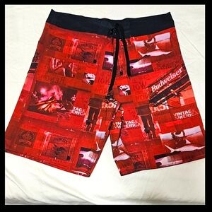 BUDWEISER Beer VINTAGE Men's Red/Black Swim Board Shorts Sz 36-38